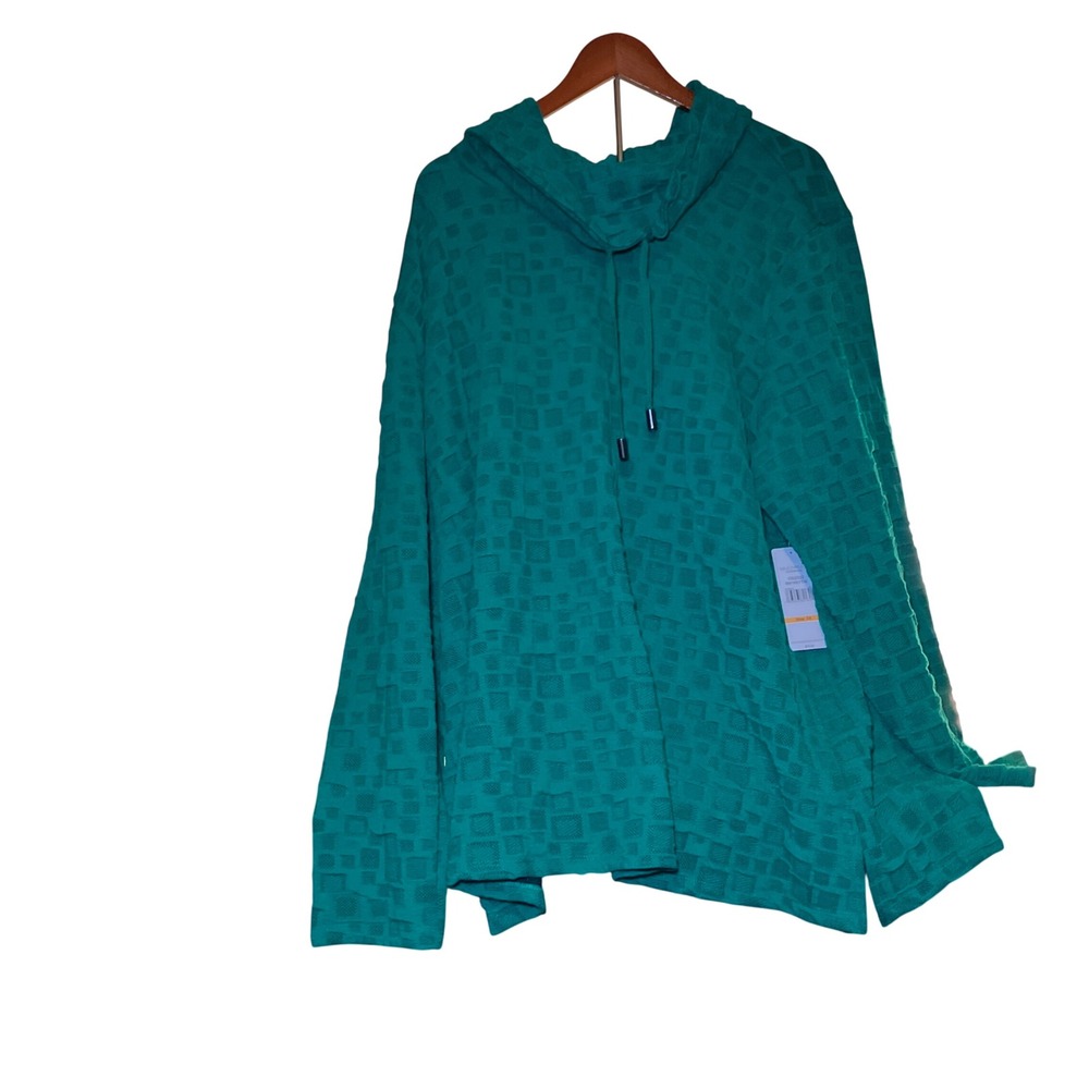Multiples Cowl Neck Top Women 3X Teal Green NEW Textured Checkerboard Knit